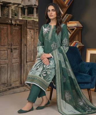 green printed linen cotton unstitched dress material  2