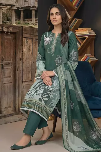 green printed linen cotton unstitched dress material 
