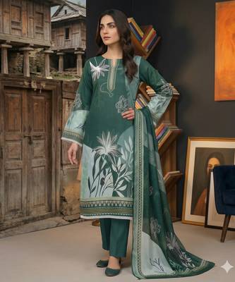 green printed linen cotton unstitched dress material  3