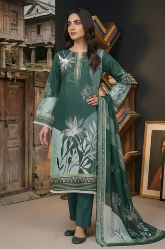 green printed linen cotton unstitched dress material 