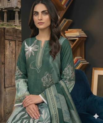 green printed linen cotton unstitched dress material  4