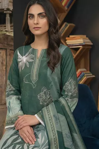 green printed linen cotton unstitched dress material 