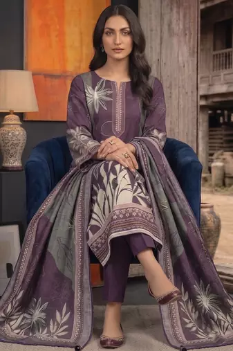 purple printed linen cotton unstitched dress material 