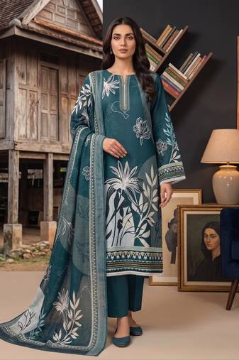 sea green printed linen cotton unstitched dress material 