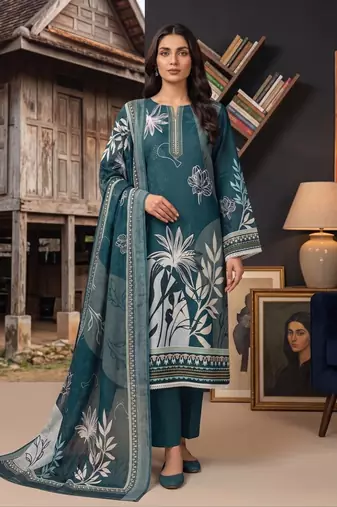 sea green printed linen cotton unstitched dress material 
