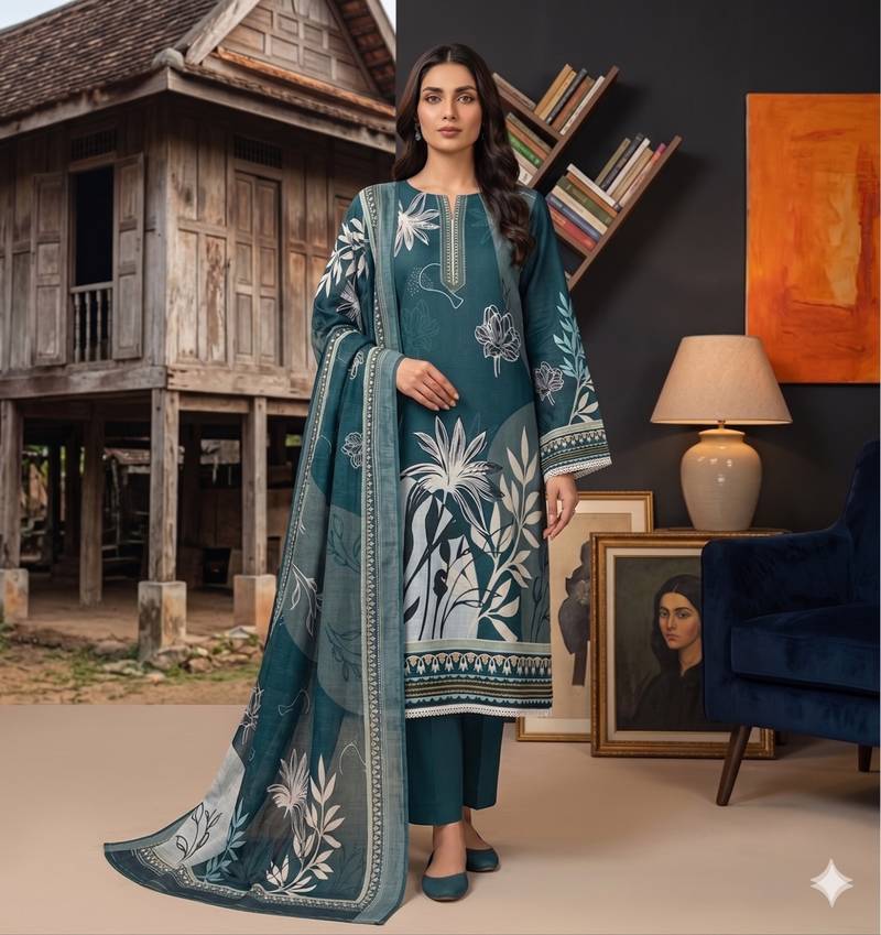 sea green printed linen cotton unstitched dress material 