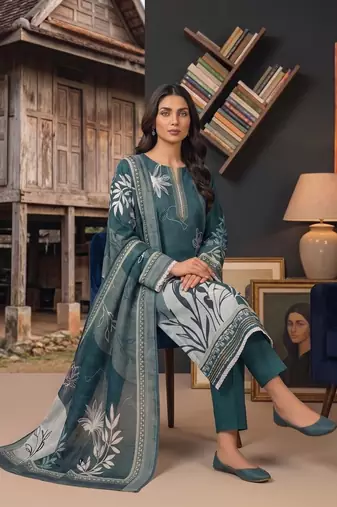 sea green printed linen cotton unstitched dress material 