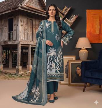 sea green printed linen cotton unstitched dress material  3