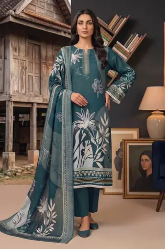sea green printed linen cotton unstitched dress material 