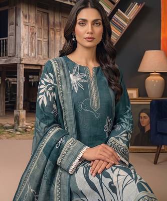 sea green printed linen cotton unstitched dress material  4