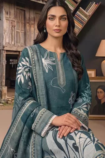 sea green printed linen cotton unstitched dress material 