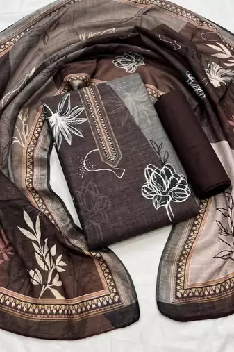 brown printed linen cotton unstitched dress material 