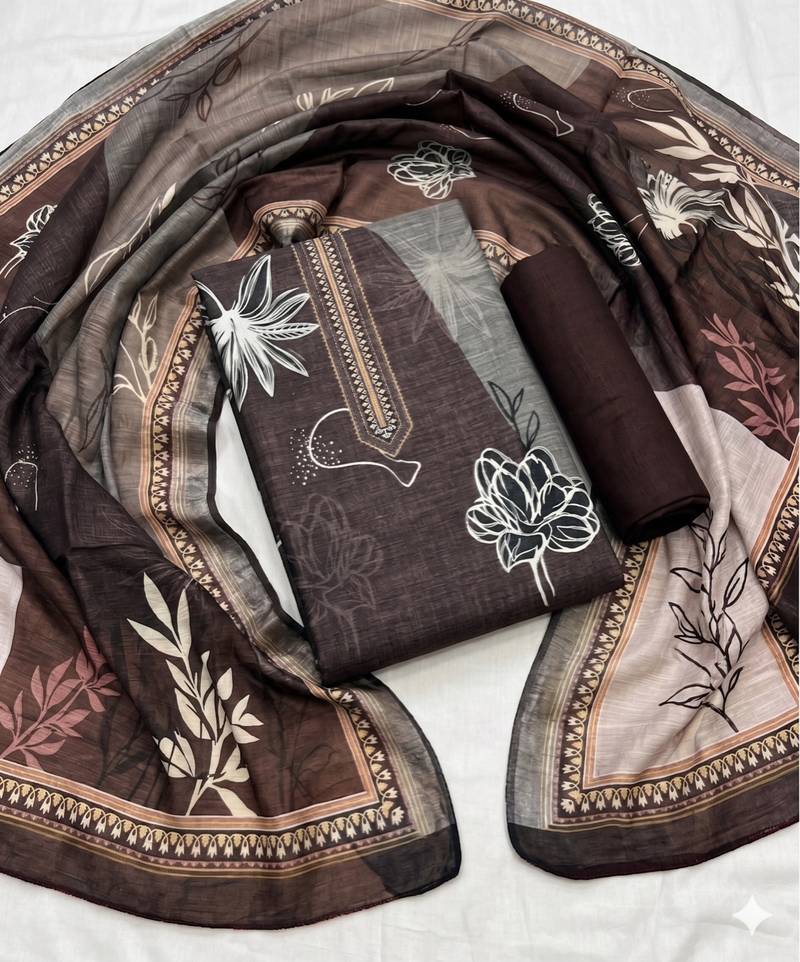 brown printed linen cotton unstitched dress material 