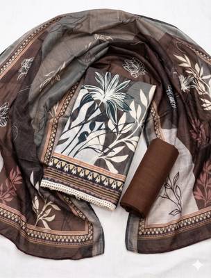 brown printed linen cotton unstitched dress material  2