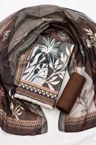 brown printed linen cotton unstitched dress material 