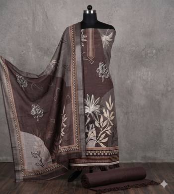 brown printed linen cotton unstitched dress material  3