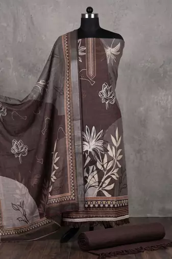 brown printed linen cotton unstitched dress material 