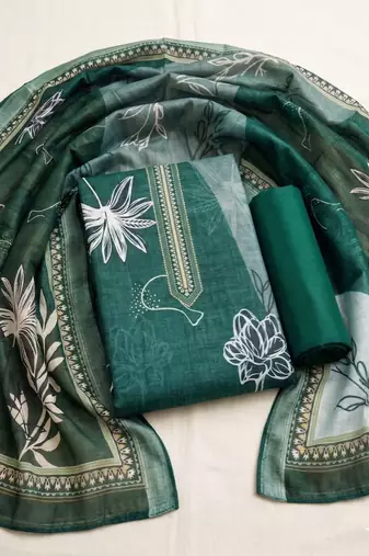 green printed linen cotton unstitched dress material 