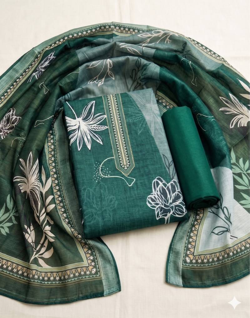 green printed linen cotton unstitched dress material 