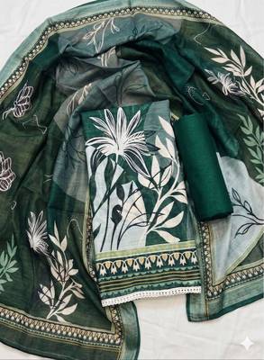 green printed linen cotton unstitched dress material  2