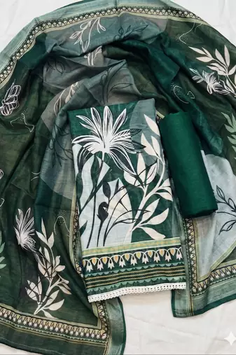 green printed linen cotton unstitched dress material 