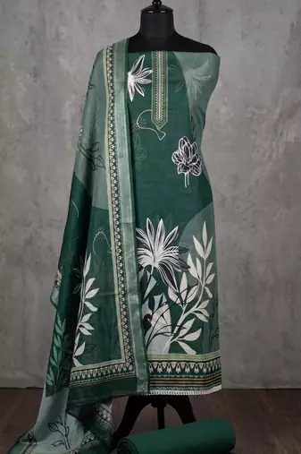 green printed linen cotton unstitched dress material 