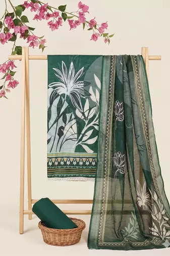 green printed linen cotton unstitched dress material 