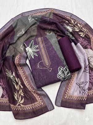 purple printed linen cotton unstitched dress material  1