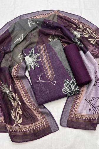 purple printed linen cotton unstitched dress material 