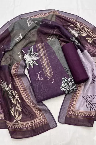 purple printed linen cotton unstitched dress material 