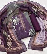 purple printed linen cotton unstitched dress material 