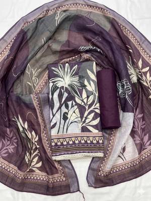 purple printed linen cotton unstitched dress material  2