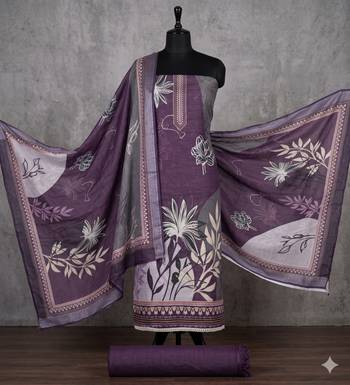 purple printed linen cotton unstitched dress material  3