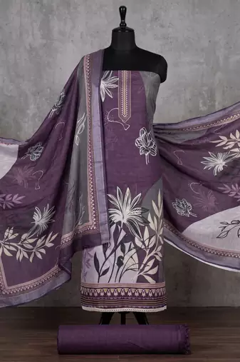 purple printed linen cotton unstitched dress material 