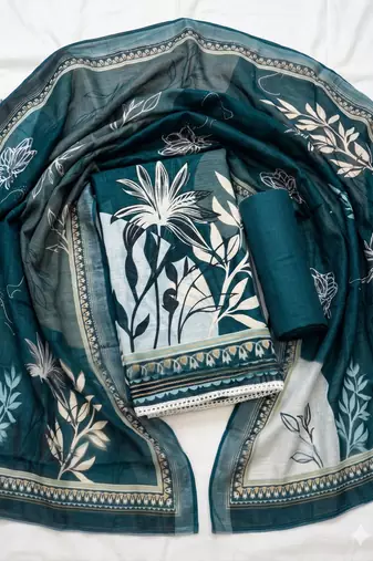 sea green printed linen cotton unstitched dress material 