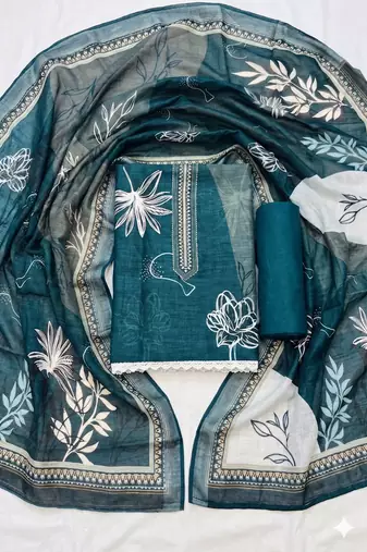 sea green printed linen cotton unstitched dress material 
