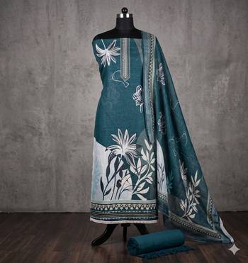 sea green printed linen cotton unstitched dress material  3