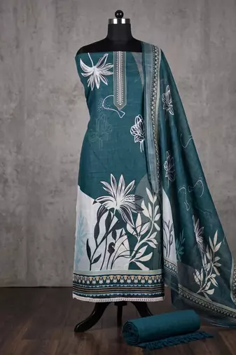 sea green printed linen cotton unstitched dress material 