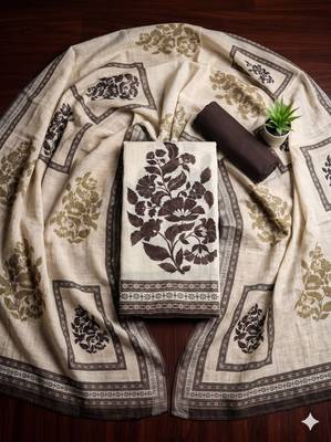 beige printed linen cotton unstitched dress material  1
