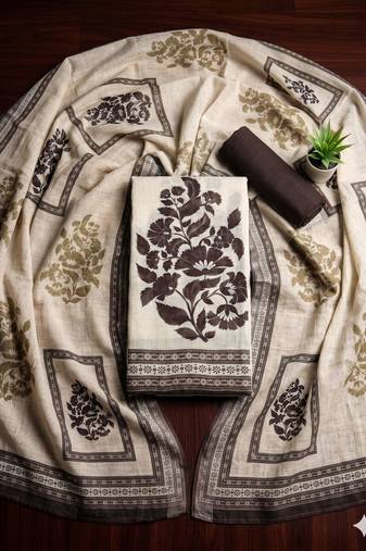 beige printed linen cotton unstitched dress material 