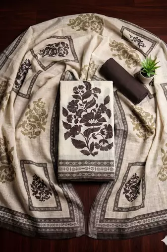 beige printed linen cotton unstitched dress material 