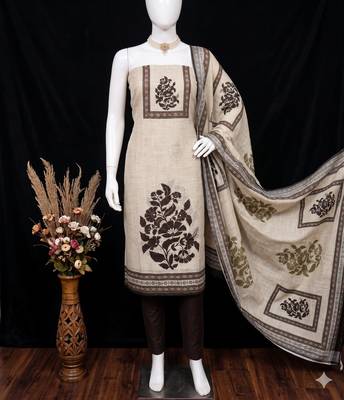 beige printed linen cotton unstitched dress material  2