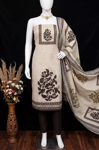 beige printed linen cotton unstitched dress material 