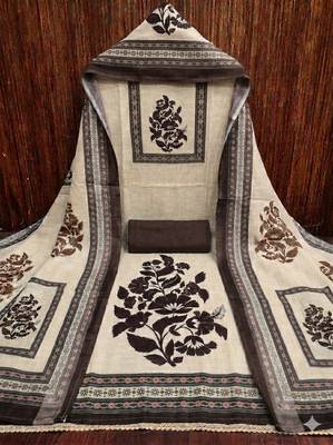 beige printed linen cotton unstitched dress material  3