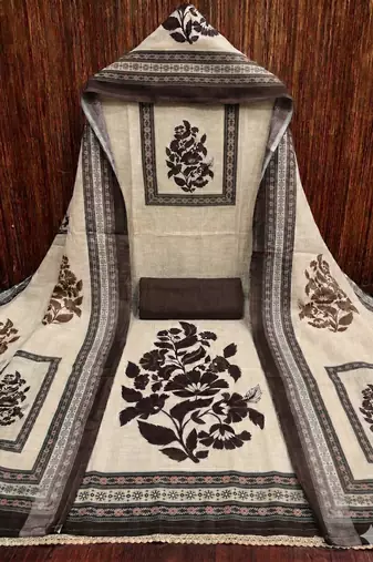 beige printed linen cotton unstitched dress material 