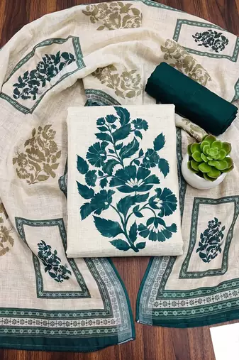 beige printed linen cotton unstitched dress material 