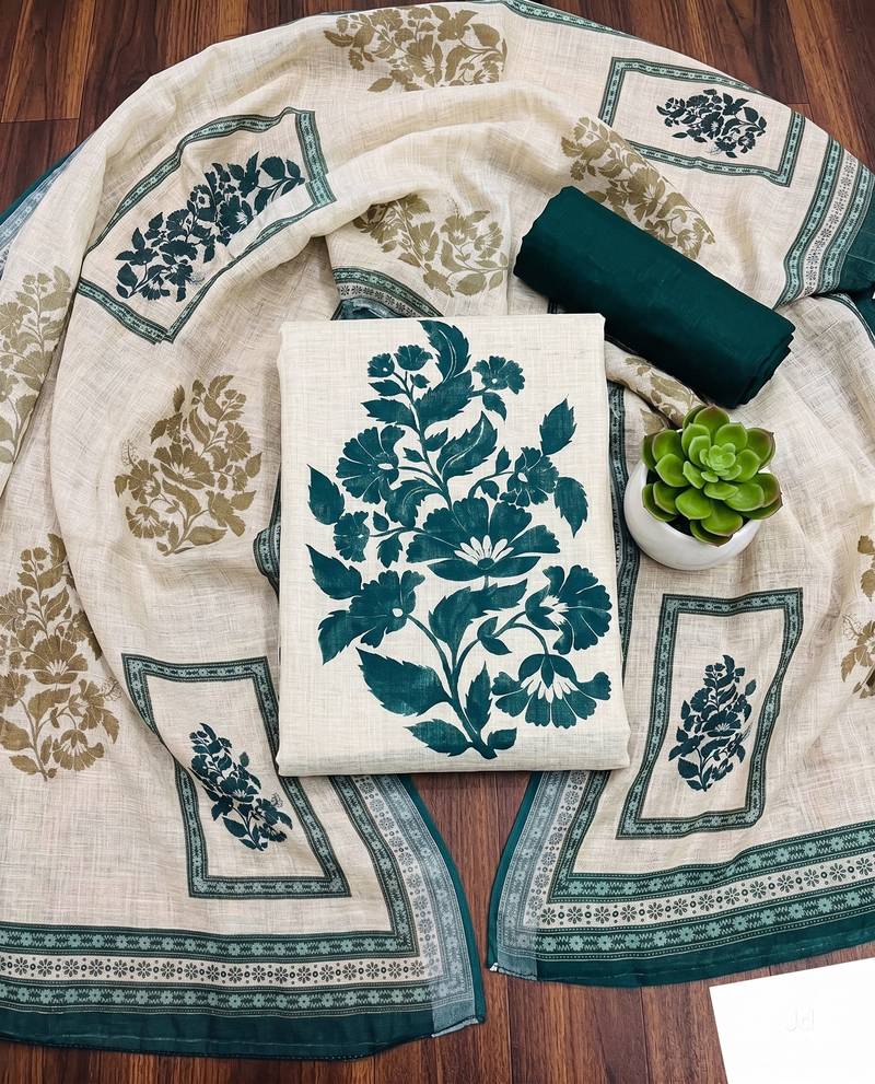 beige printed linen cotton unstitched dress material 