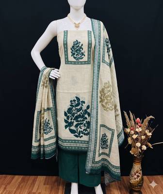 beige printed linen cotton unstitched dress material  2