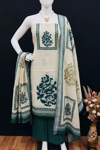 beige printed linen cotton unstitched dress material 