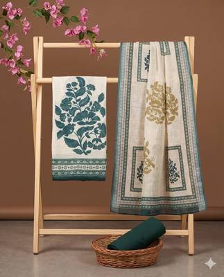 beige printed linen cotton unstitched dress material  4